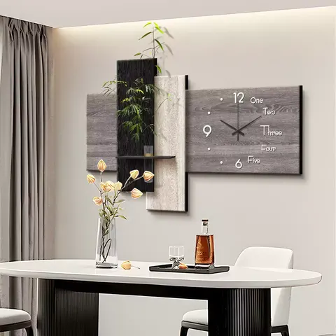 Mid-Century Style Dining Room Clock Wall Art, French Style Minimalist Modern Wall Clock Mural with Hydroponic Greenery