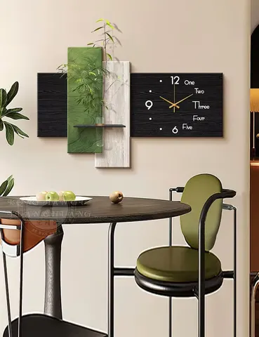 Mid-Century Style Dining Room Clock Wall Art, French Style Minimalist Modern Wall Clock Mural with Hydroponic Greenery