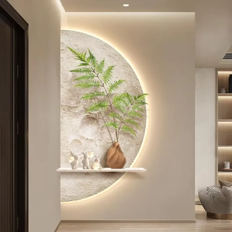 Minimalist Style Moon Entrance Hall Art Decor Paintings Green Plants Texture Corridor Stereoscopic Sandstone Wall Painting