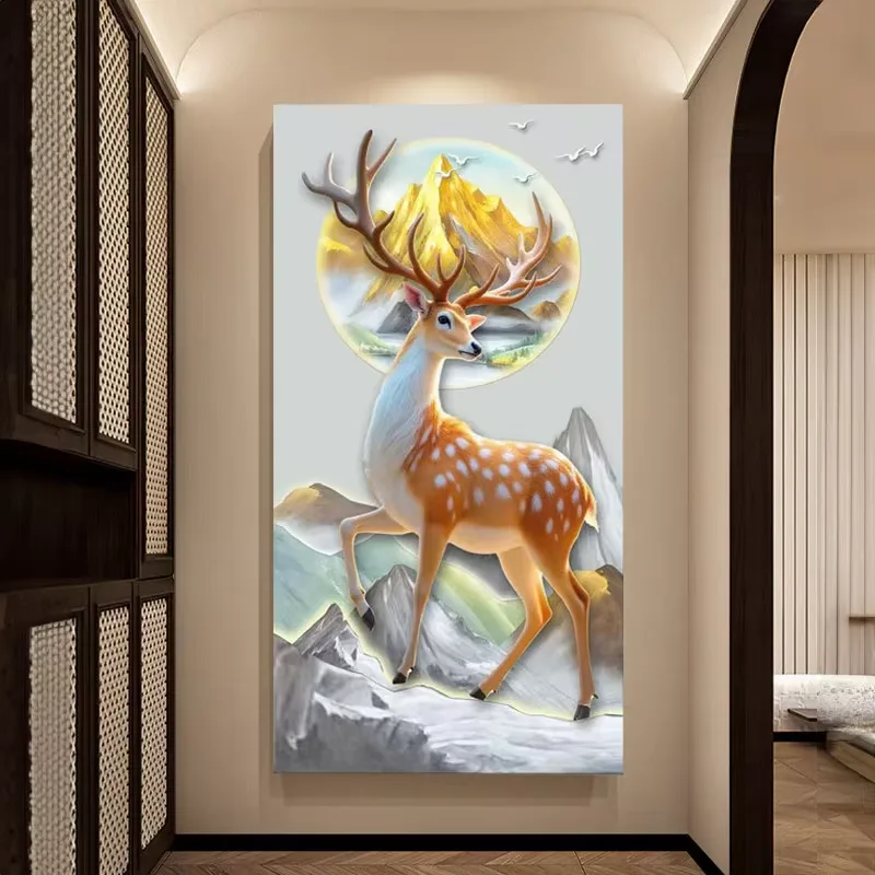Modern 3D Elk Sandstone LED Wall Art Decor Painting for Entryway Corridor Living Room Wall Hanging Paintings