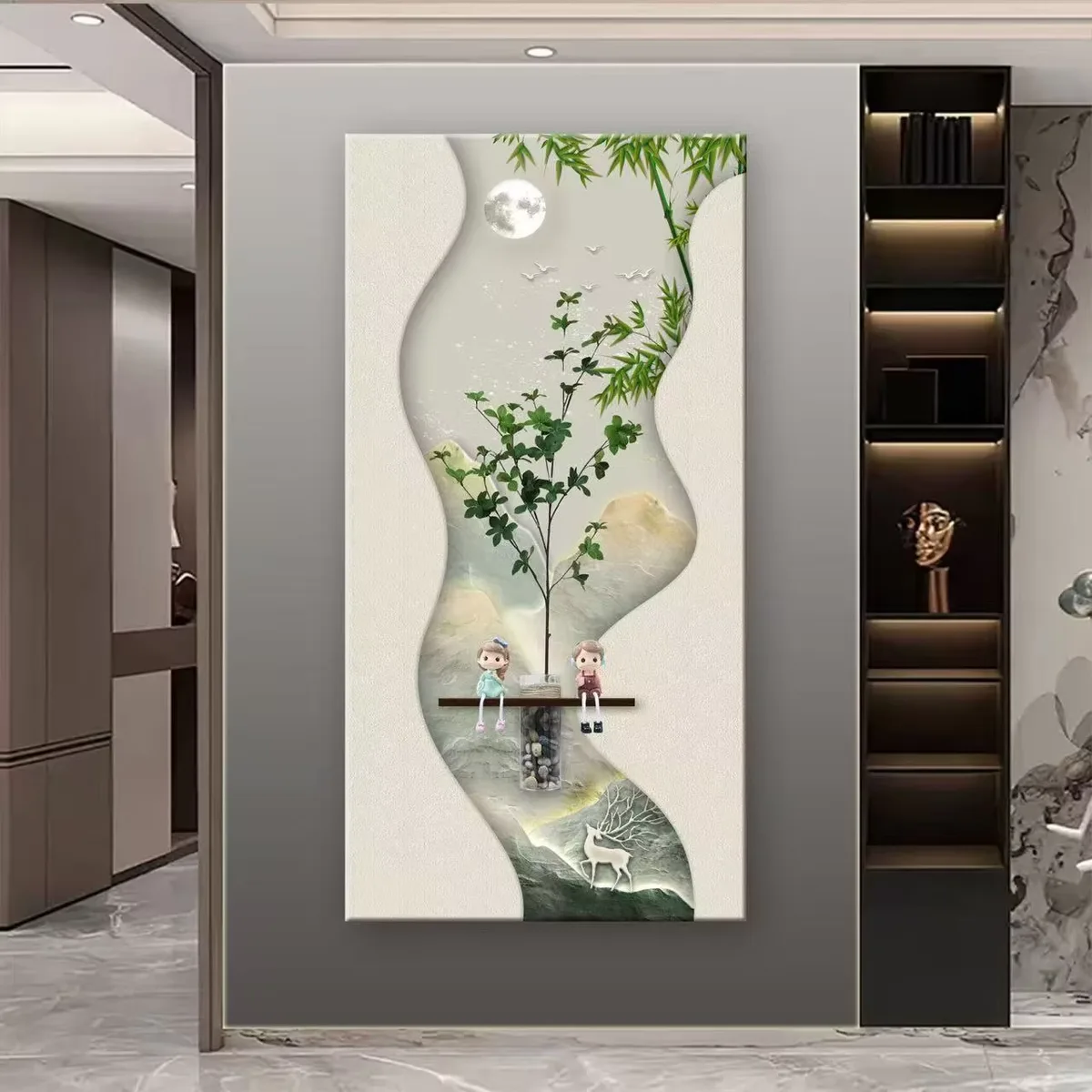 Modern 3D Embossed Sandstone LED Wall Art Decor Painting with Shelf for Entryway Corridor Living Room Home Decor Painting