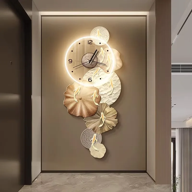 Modern 3D Nine-fish LED Painting Digital Printing Living Room Wall Art Decor Painting with Clock Glowed Painting