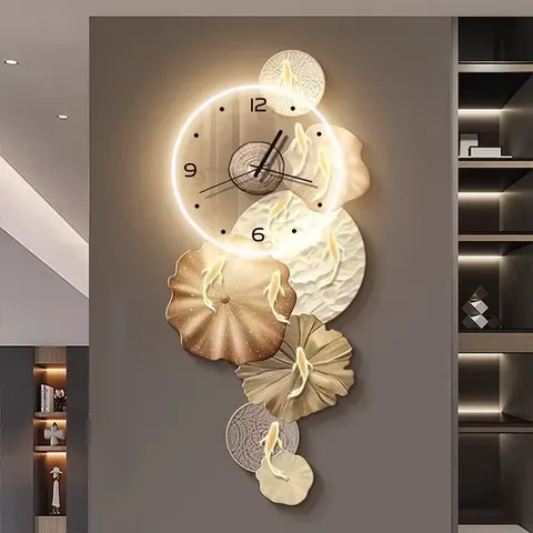 Modern 3D Nine-fish LED Painting Digital Printing Living Room Wall Art Decor Painting with Clock Glowed Painting