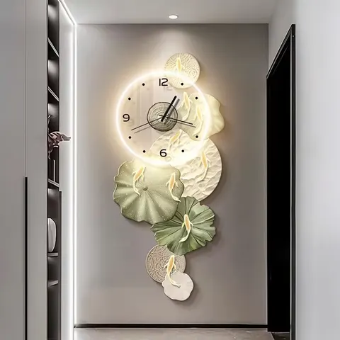 Modern 3D Nine-fish LED Painting Digital Printing Living Room Wall Art Decor Painting with Clock Glowed Painting