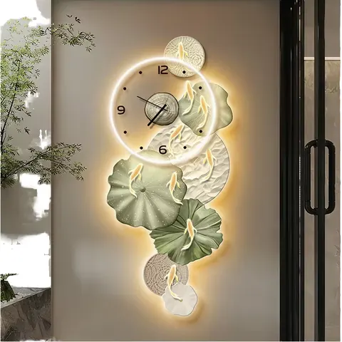Modern 3D Nine-fish LED Painting Digital Printing Living Room Wall Art Decor Painting with Clock Glowed Painting