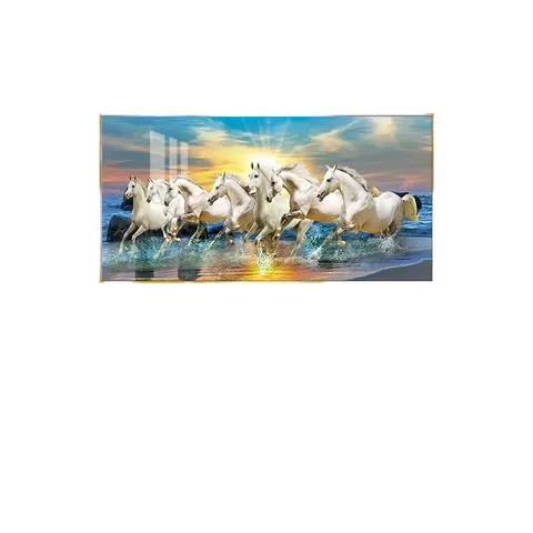 Modern 7 Running Horses Wall Art 48-Inch X 24-Inch Glass Frame Decorative Crystal Porcelain Painting Digital Reprint Gift Item