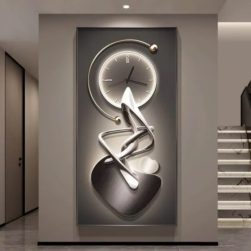 Modern Abstract Art Decorative Painting: Gray Silent Clock with Black Aluminum Alloy Frame, Canvas Digital Crystal Painting