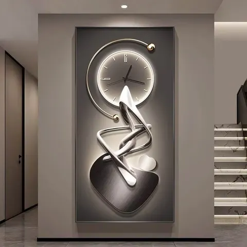 Modern Abstract Art Decorative Painting: Gray Silent Clock with Black Aluminum Alloy Frame, Canvas Digital Crystal Painting