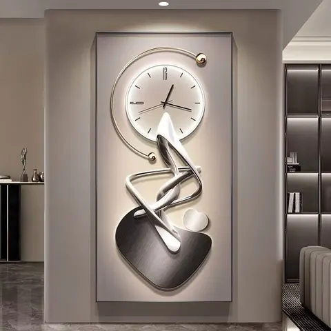Modern Abstract Art Decorative Painting: Gray Silent Clock with Black Aluminum Alloy Frame, Canvas Digital Crystal Painting
