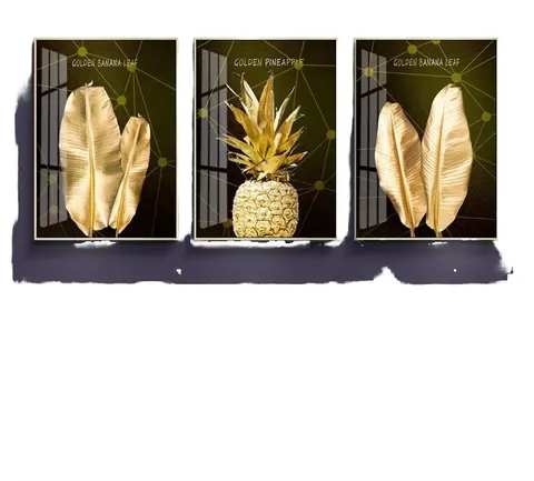 Modern Abstract Decorative Wall Painting Golden Leaf Pineapple Crystal Porcelain for Home Hotel Hanging with Metal Frame