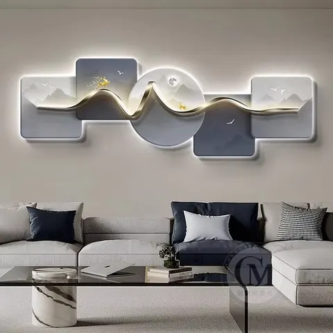 山水 单幅 装饰画 现代简约 客厅背景墙挂画 LED带灯画