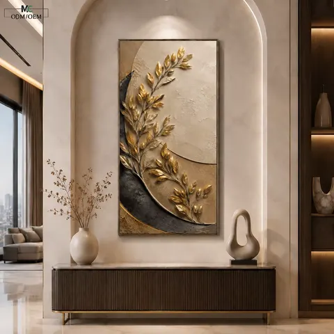 Modern Abstract Wall Art Gold Botanical Canvas Print Premium Entryway Decor Vertical Foyer Artwork Factory Direct Home Decor