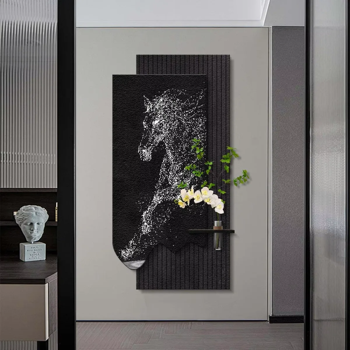 Modern Art Horse Home Decor Painting Luxurious Sandstone Fabric Led Decor Painting Hydroponics Green Plants Wall Painting