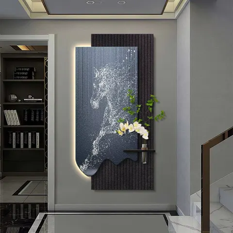 Modern Art Horse Home Decor Painting Luxurious Sandstone Fabric Led Decor Painting Hydroponics Green Plants Wall Painting