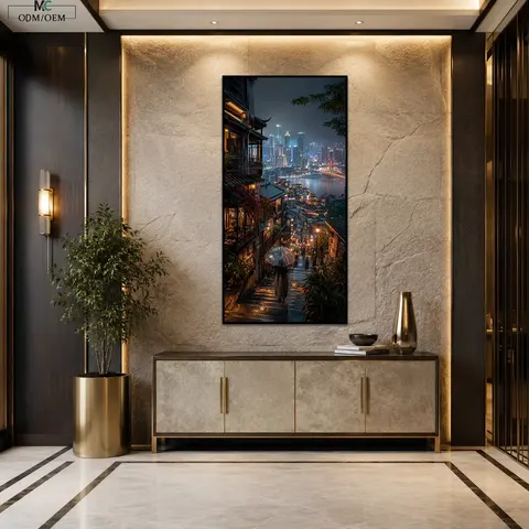 Modern City Wall Art Skyline Canvas Urban Night Decor Vertical Entryway Art Home Decorative Painting Crystal Porcelain Art