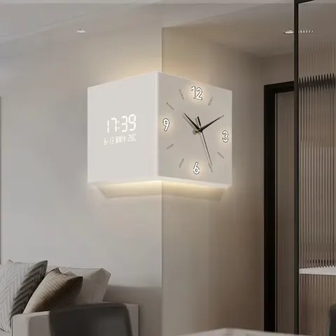 Modern Double-Sided Acrylic Wall Clock with Moon Motif Silent, Drill-Free, Digital Display for the Living Room