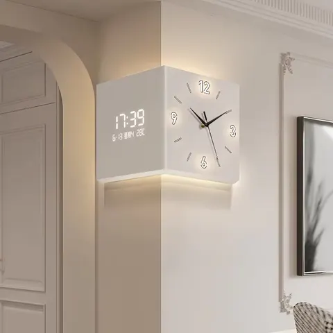 Modern Double-Sided Acrylic Wall Clock with Moon Motif Silent, Drill-Free, Digital Display for the Living Room