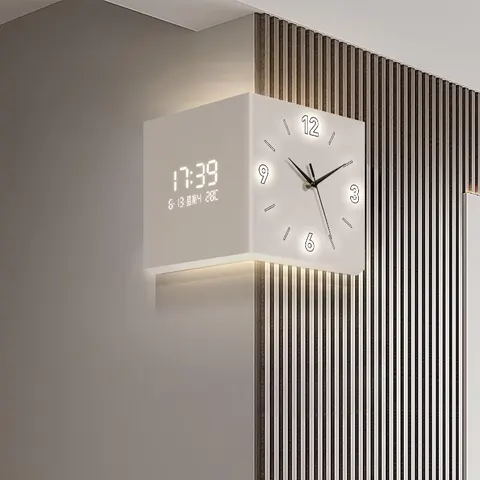 Modern Double-Sided Acrylic Wall Clock with Moon Motif Silent, Drill-Free, Digital Display for the Living Room