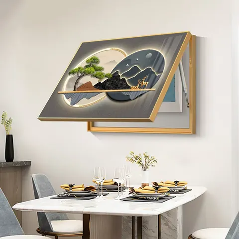 Modern Electricity Meter Box with a Flip-top Lid, Featuring a Decorative Wall Panel with a Landscape Print, Ideal for Home Décor
