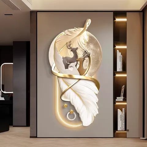 Modern Feather Luxury Living Room Porch Acrylic LED Painting Top Grade Corridor Background Wall Art Home Decor Painting
