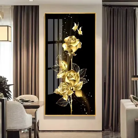 Modern Gold Flower Poster Print Wall Art Canvas Painting for Living Room Crystal Porcelain Painting Home Decoration