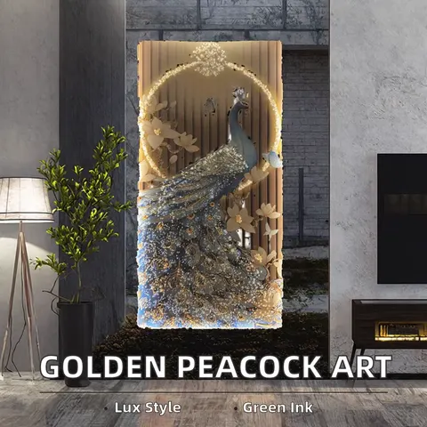 Modern Golden Landscape Animal Flowers LED Framed Wall Art Crystal Porcelain Diamond Glass Painting Canvas Peacock Pictures