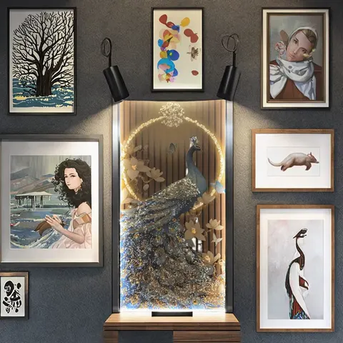 Modern Golden Landscape Animal Flowers LED Framed Wall Art Crystal Porcelain Diamond Glass Painting Canvas Peacock Pictures