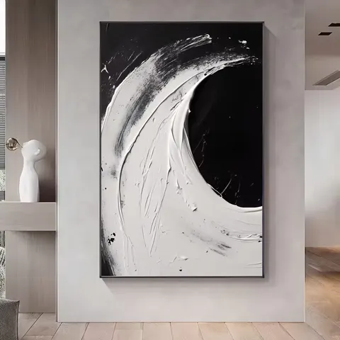 Modern Hand Canvas Oil Painting Heavy Texture Black and White Abstract Artwork Wall Decor Art