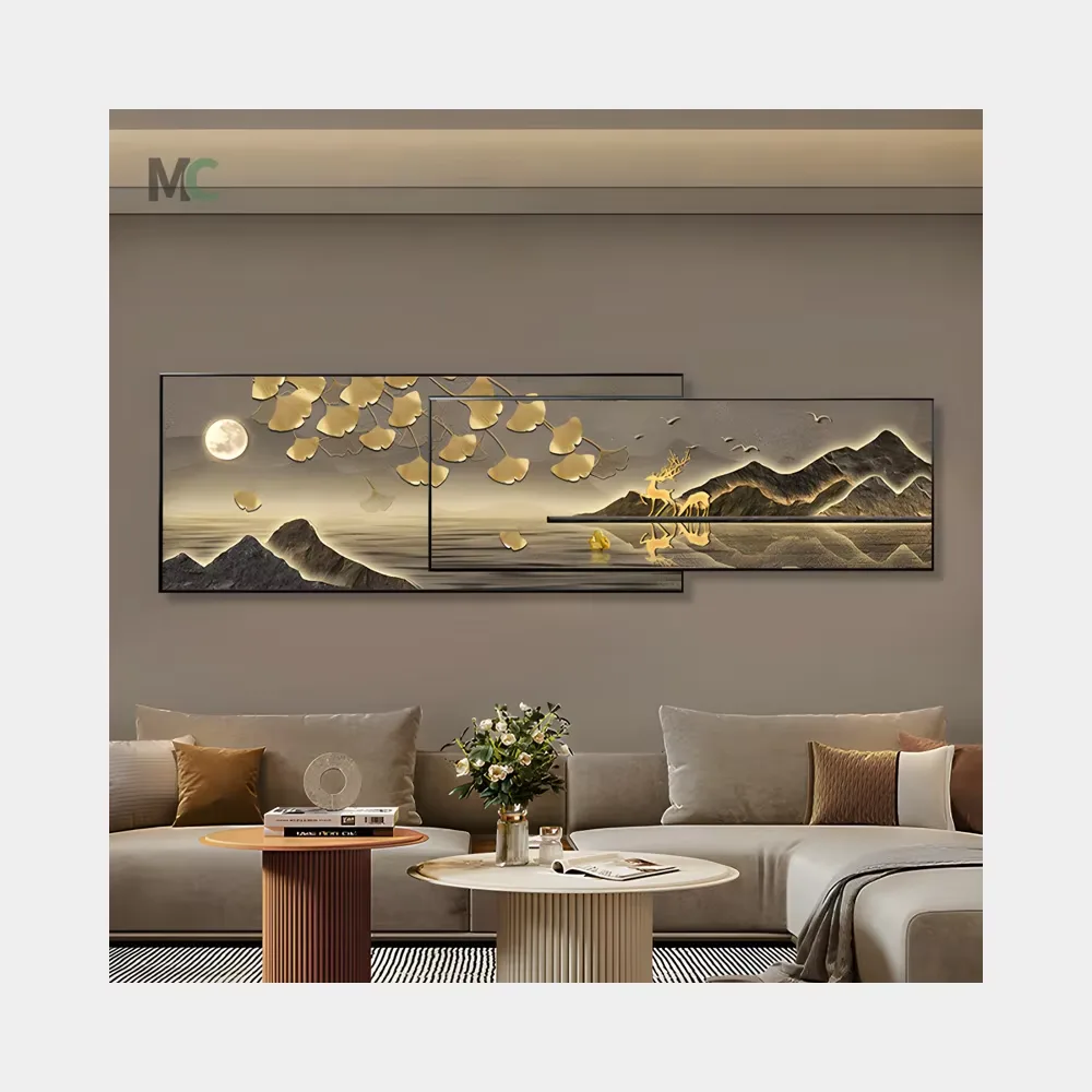 Modern High-end Atmospheric Elk Ginkgo Leaf Crystal Porcelain Painting Luxury Living Room Wall Art Decor Painting