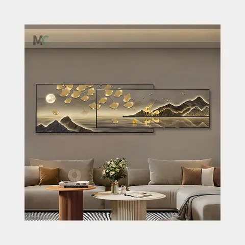 Modern High-end Atmospheric Elk Ginkgo Leaf Crystal Porcelain Painting Luxury Living Room Wall Art Decor Painting