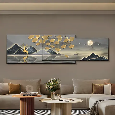 Modern High-end Atmospheric Elk Ginkgo Leaf Crystal Porcelain Painting Luxury Living Room Wall Art Decor Painting