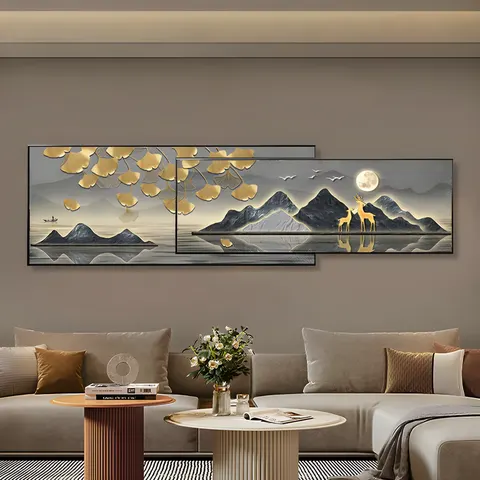 Modern High-end Atmospheric Elk Ginkgo Leaf Crystal Porcelain Painting Luxury Living Room Wall Art Decor Painting