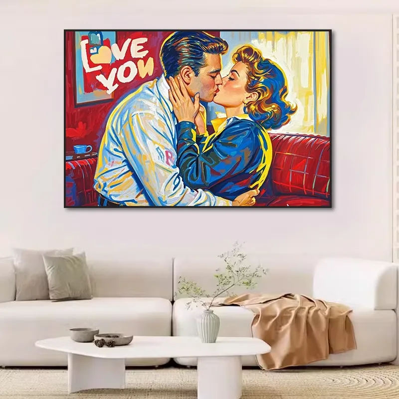Modern Home Decor Graffiti Popular Design Art Decor Paintings "I love You" Kissing Couple Posters Oil Painting Mural