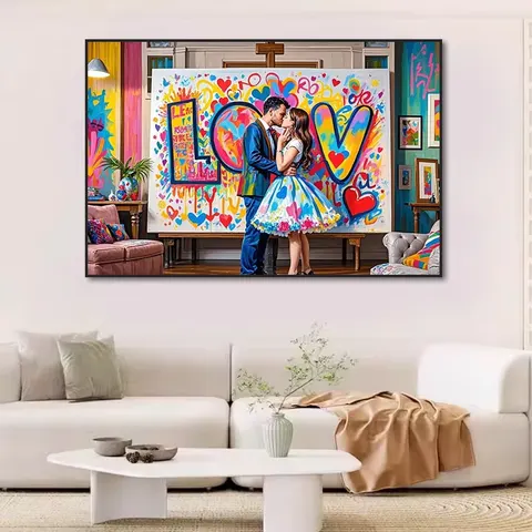 Modern Home Decor Graffiti Popular Design Art Decor Paintings "I love You" Kissing Couple Posters Oil Painting Mural