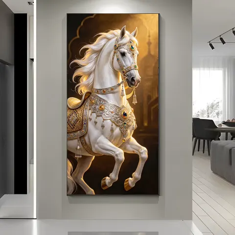Modern Home Decoration White Horse Wall Art Animal Paintings Corridor Background Wall Crystal Porcelain Paintings