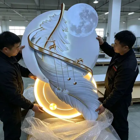 Modern LED Decorative Painting, Backlit Feather & Moon Elk Wall Hanging, Illuminated Wall Art for Interior Home Hotel Wall