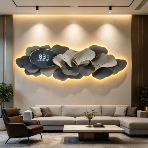 Modern LED Decorative Painting, Creative Layered Ginkgo Leaf Wall Clock, LED Backlit Wall Hanging Art for Living Room
