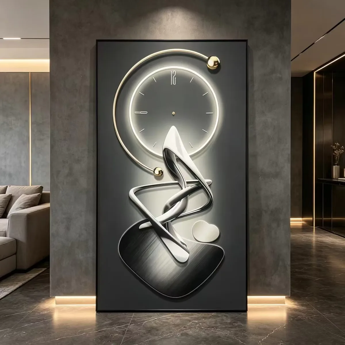 Modern LED Decorative Painting Silent Wall Clock Abstract Stereo Effect MDF Rectangle Wall Art for Living Room