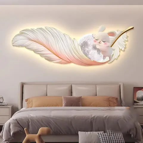 羽毛 单幅 装饰画 轻奢风 卧室背景墙挂画 LED带灯画