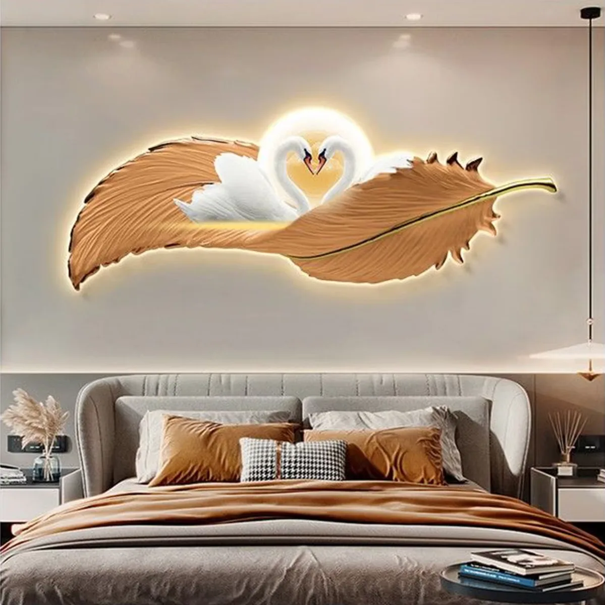 Modern Light Luxury Feather Clock Mural Laser Engraving Crystal Porcelain Painting Wall Art Home Decor