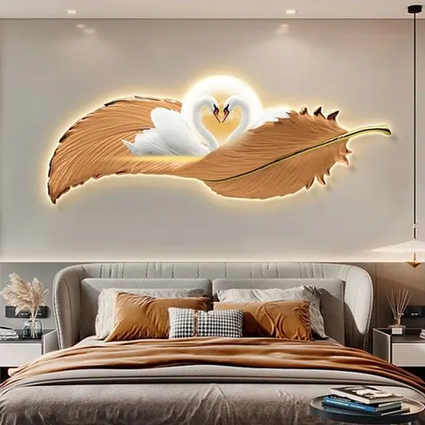 Modern Light Luxury Feather Clock Mural Laser Engraving Crystal Porcelain Painting Wall Art Home Decor