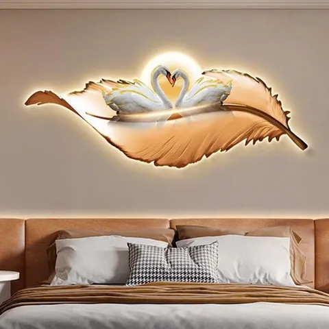 Modern Light Luxury Feather Clock Mural Laser Engraving Crystal Porcelain Painting Wall Art Home Decor