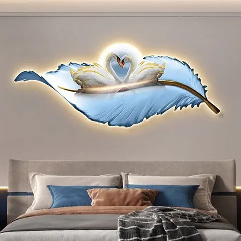Modern Light Luxury Feather Clock Mural Laser Engraving Crystal Porcelain Painting Wall Art Home Decor
