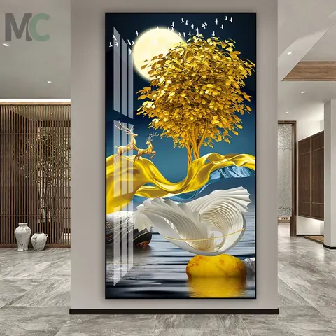 Modern Light Luxury Ginkgo Elk Animal Painting Hotel Porch Background Wall Art Abstract Diamond Crystal Painting
