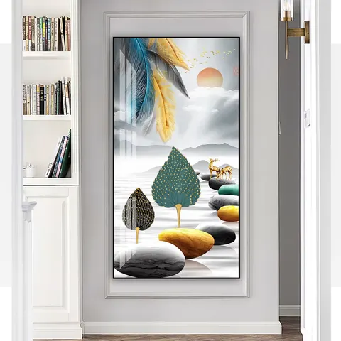 Modern Light Luxury Ginkgo Elk Animal Painting Hotel Porch Background Wall Art Abstract Diamond Crystal Painting