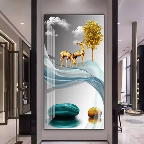 Modern Light Luxury Ginkgo Elk Animal Painting Hotel Porch Background Wall Art Abstract Diamond Crystal Painting