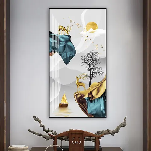 Modern Light Luxury Ginkgo Elk Animal Painting Hotel Porch Background Wall Art Abstract Diamond Crystal Painting