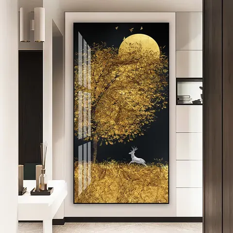 Modern Light Luxury Ginkgo Elk Animal Painting Hotel Porch Background Wall Art Abstract Diamond Crystal Painting