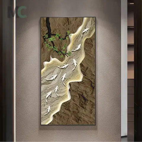Modern Light Luxury Landscape Nine Fish Porch Crystal Porcelain Painting Living Room Sofa Background Wall Decoration Painting