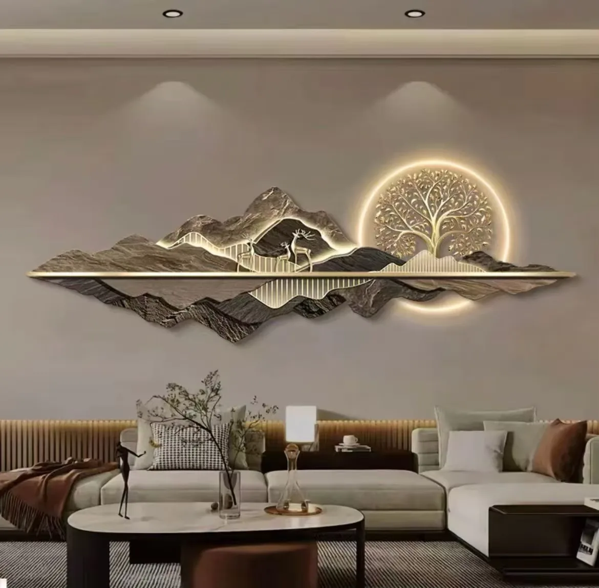 Modern Light Luxury Living Room Art Decor Painting Elk Landscape Led Wall Art Sofa Background Wall Mural